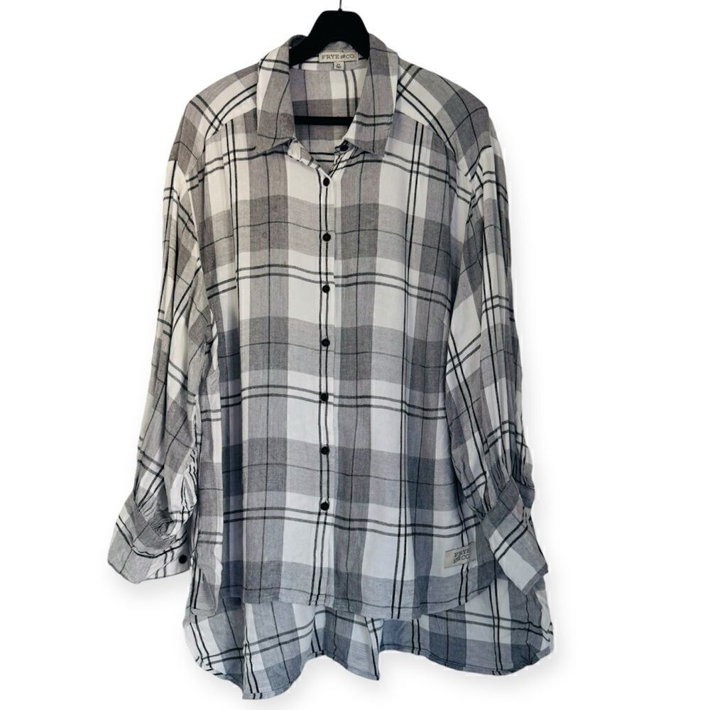 Frye & Co. Gray Plaid Flannel Button Down Hi Lo Shirt Size 2X